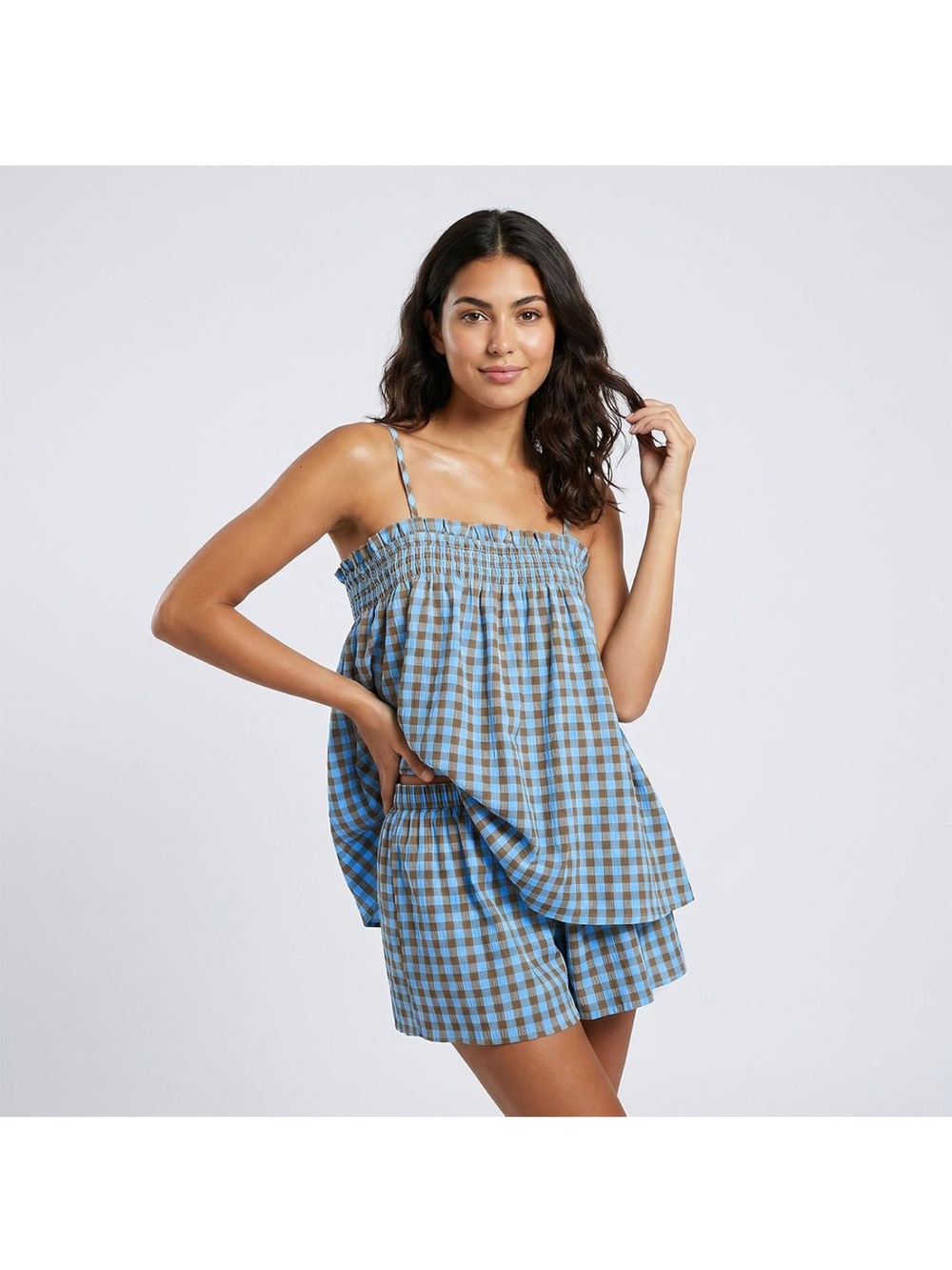 Amazon Gingham Smocked Set in Blue and Brown